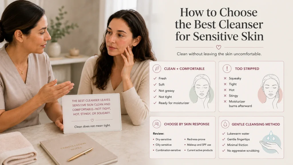 Woman and licensed esthetician comparing comfortable post-cleansing skin with tight, stripped, stingy skin and reviewing gentle cleansing methods.