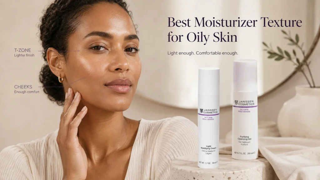 Woman with lighter-looking T-zone finish and comfortable cheeks beside Janssen Cosmetics Oily Skin Light Mattifying Cream.