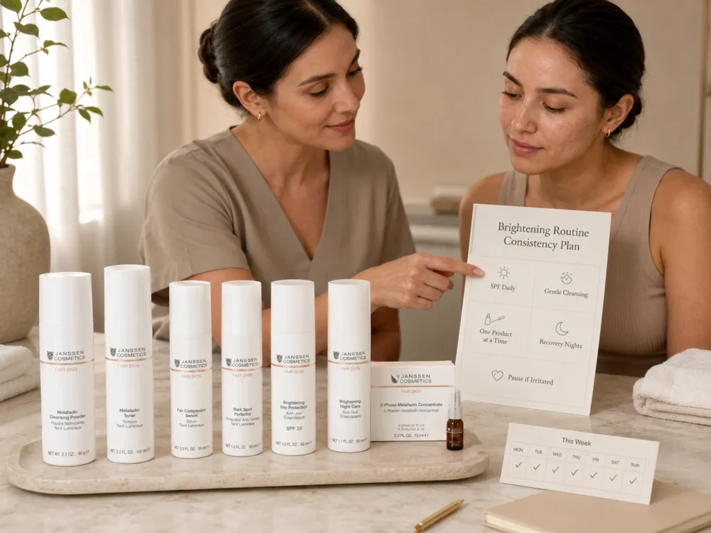 Esthetician-guided consultation showing a consistent brightening-support routine plan with verified Janssen Cosmetics FAIR SKIN products.
