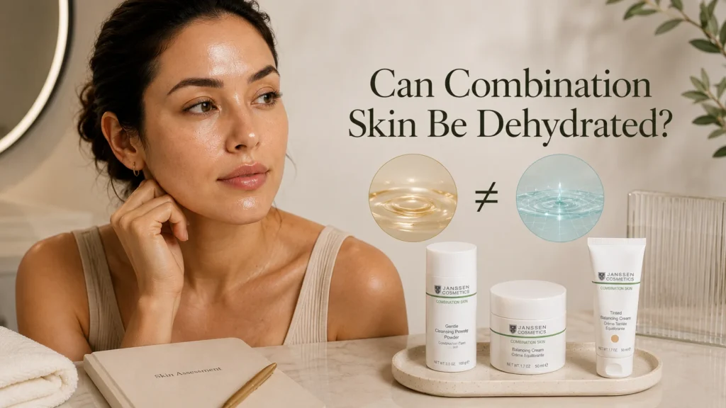 Adult woman with a subtly shiny T-zone and tight-looking combination skin illustrating that oil and hydration are different.