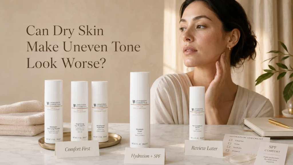 Luxury skincare image showing dry skin making uneven-looking tone appear more noticeable with a comfort-first routine approach.