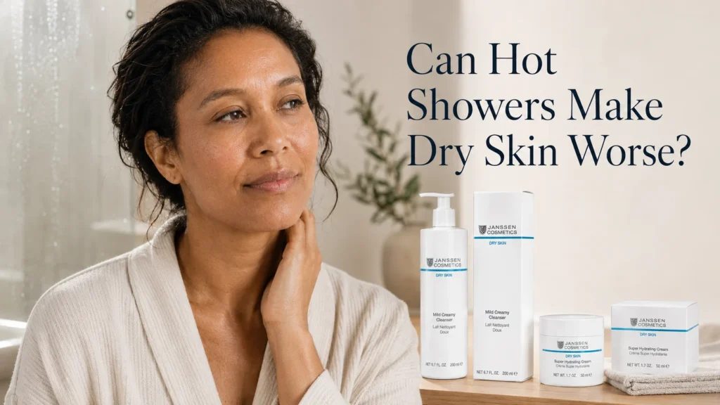 Woman after a shower with mildly dry-looking facial skin beside Janssen Mild Creamy Cleanser and Super Hydrating Cream.