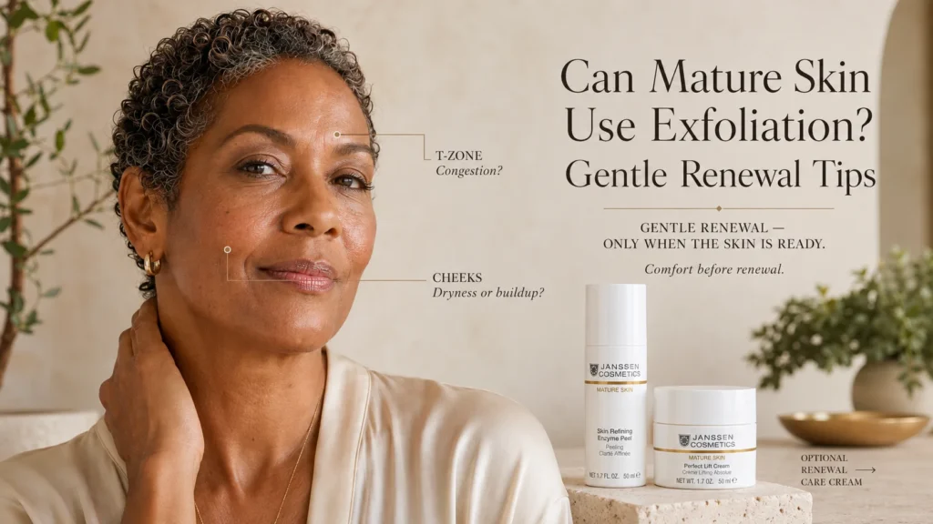 Mature woman with natural skin texture beside Janssen Skin Refining Enzyme Peel and Perfect Lift Cream when exact official product photos are available.