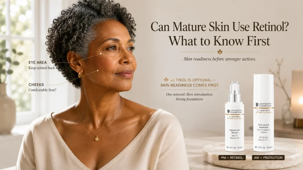 Mature woman beside Janssen Retinol Lift Serum for evening use and Face Guard Advanced for daytime protection when exact official product photographs are available.
