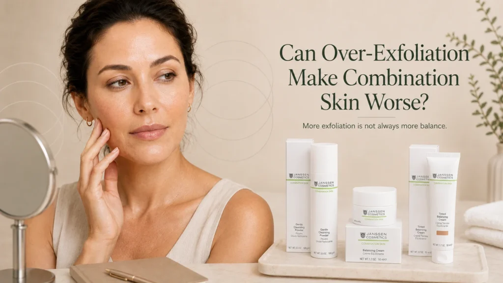 Woman with subtle T-zone shine and tight-looking cheeks illustrating how over-exfoliation can make combination skin feel more unbalanced.