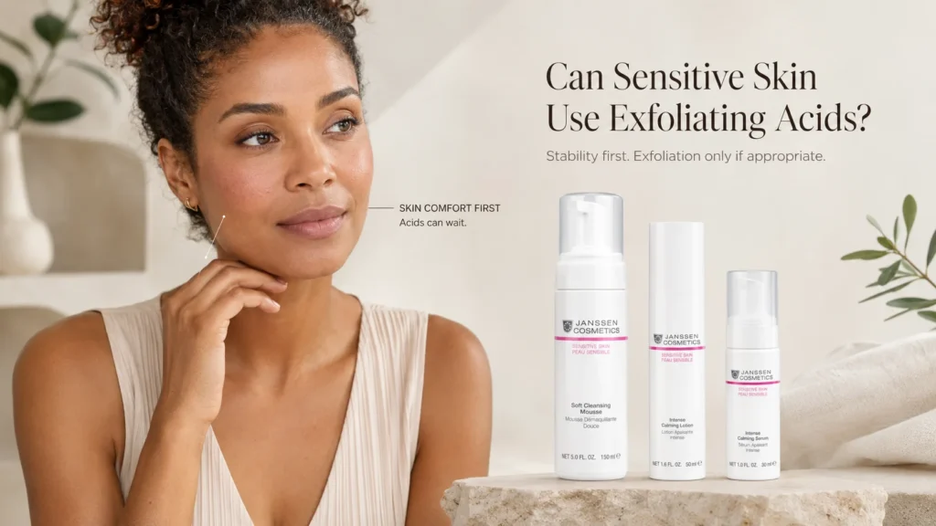 Sensitive-skin model beside Janssen Cosmetics Sensitive Skin gentle-care products for an article about whether exfoliating acids are appropriate.