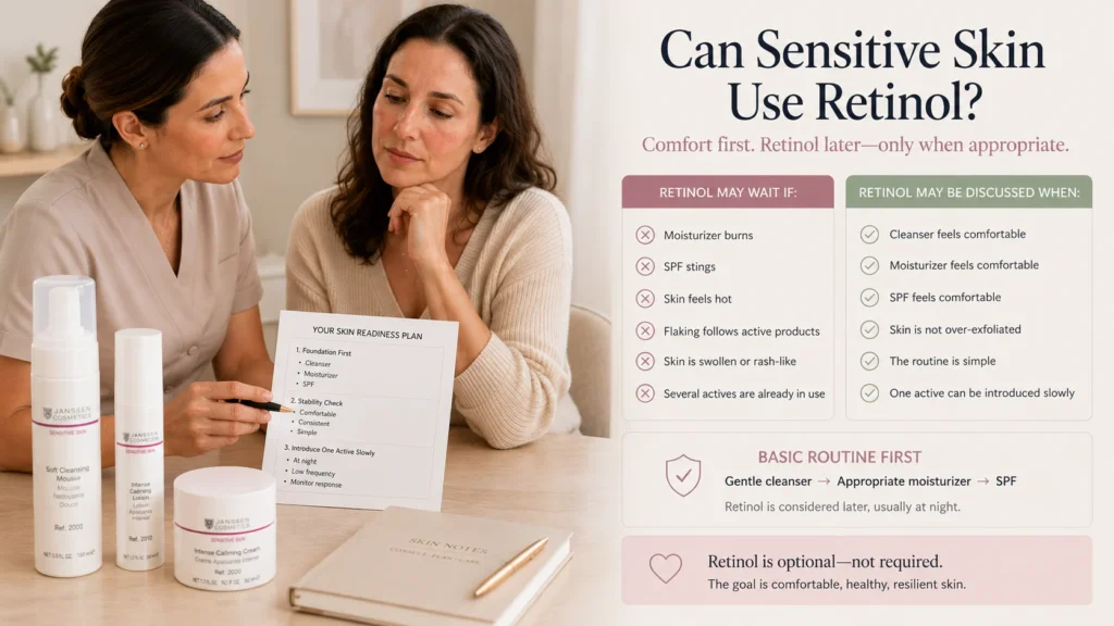 Sensitive-skin consultation comparing signs that retinol should wait with signs that the basic cleanser, moisturizer, and SPF routine is stable.