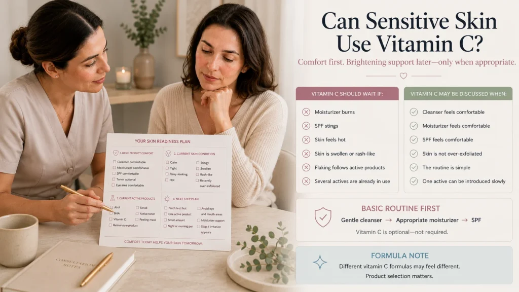 Sensitive-skin consultation comparing signs that vitamin C should wait with signs that cleanser, moisturizer, and SPF are comfortable.