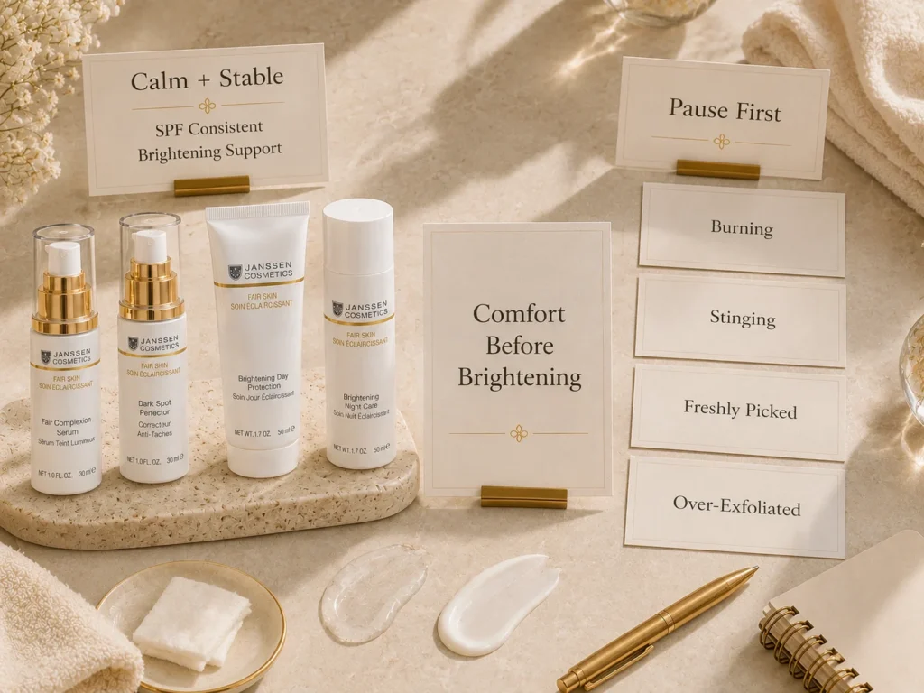 Luxury skincare education image showing when brightening support may be appropriate for forehead unevenness and when to pause active products.