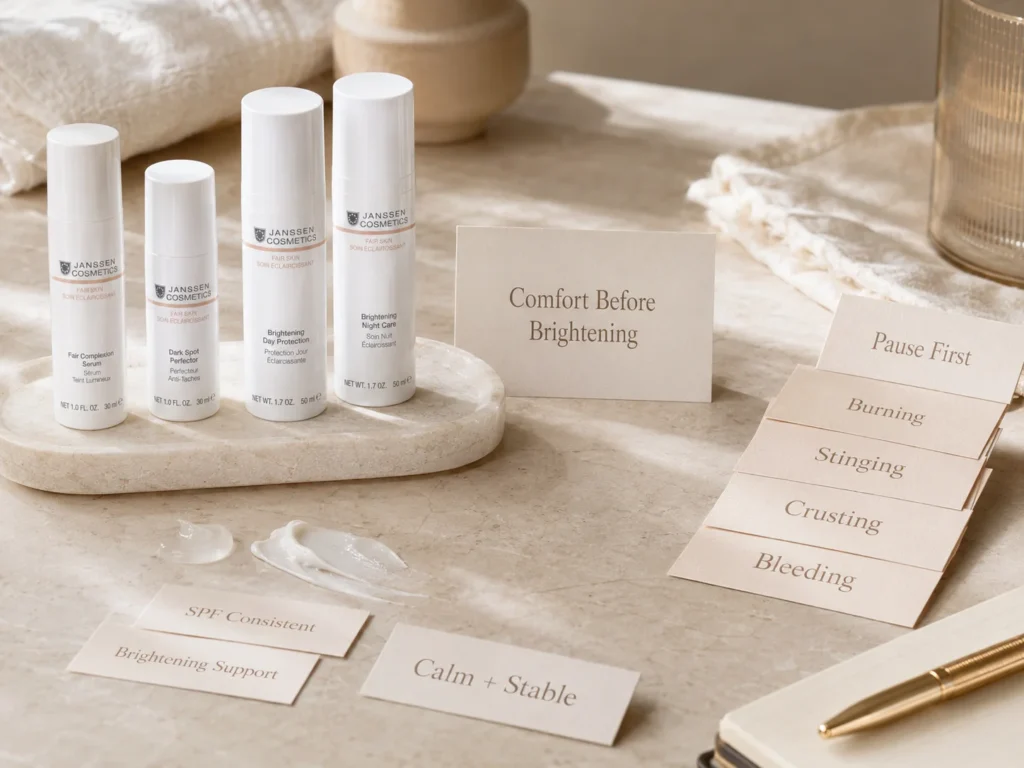Luxury skincare education image showing careful brightening support for neck and décolleté only when skin is calm and stable.