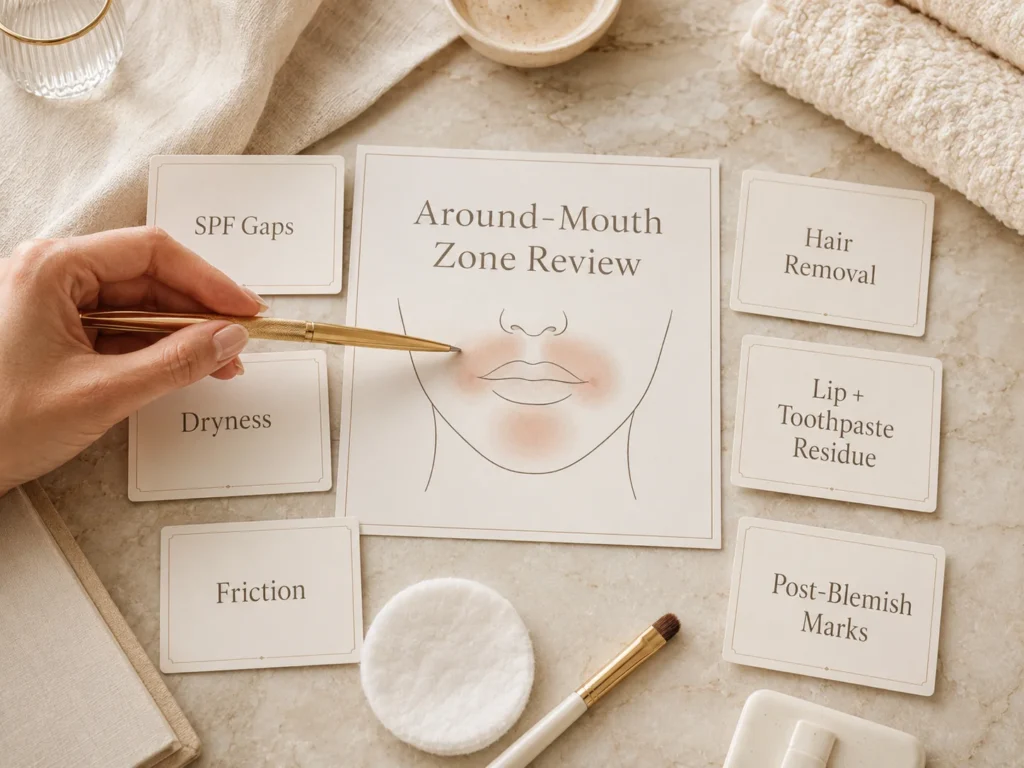 Luxury educational image showing causes of uneven-looking tone around the mouth, including SPF gaps, dryness, friction, hair removal, and lip product residue.
