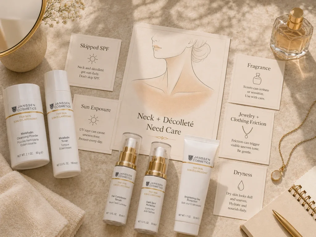 Luxury educational image showing causes of uneven-looking tone on the neck and décolleté, including skipped SPF, sun, fragrance, friction, and dryness.