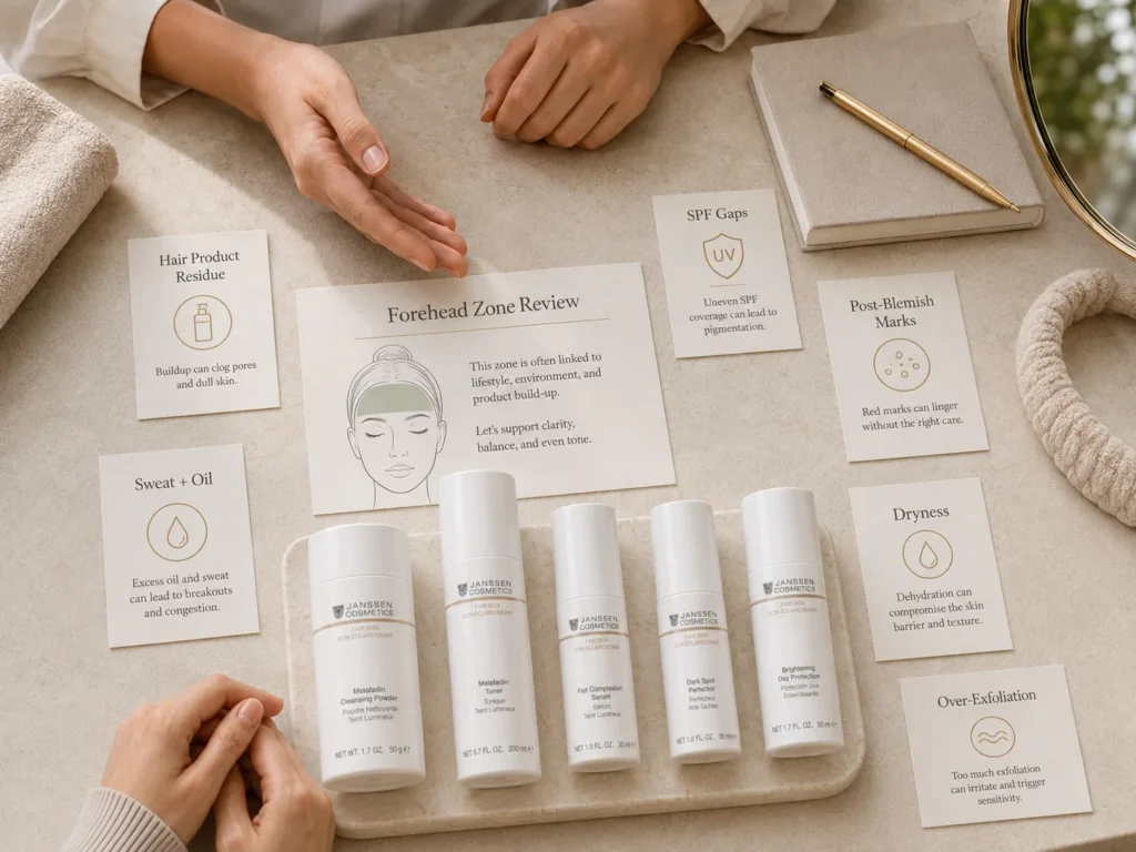 Luxury educational image showing causes of uneven-looking tone on the forehead, including SPF gaps, hair product residue, sweat, oil, dryness, and over-exfoliation.