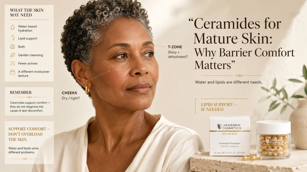 Mature woman with subtle dry cheek texture and natural T-zone sheen beside Janssen Ceramide Protection when its exact official product photograph is available.