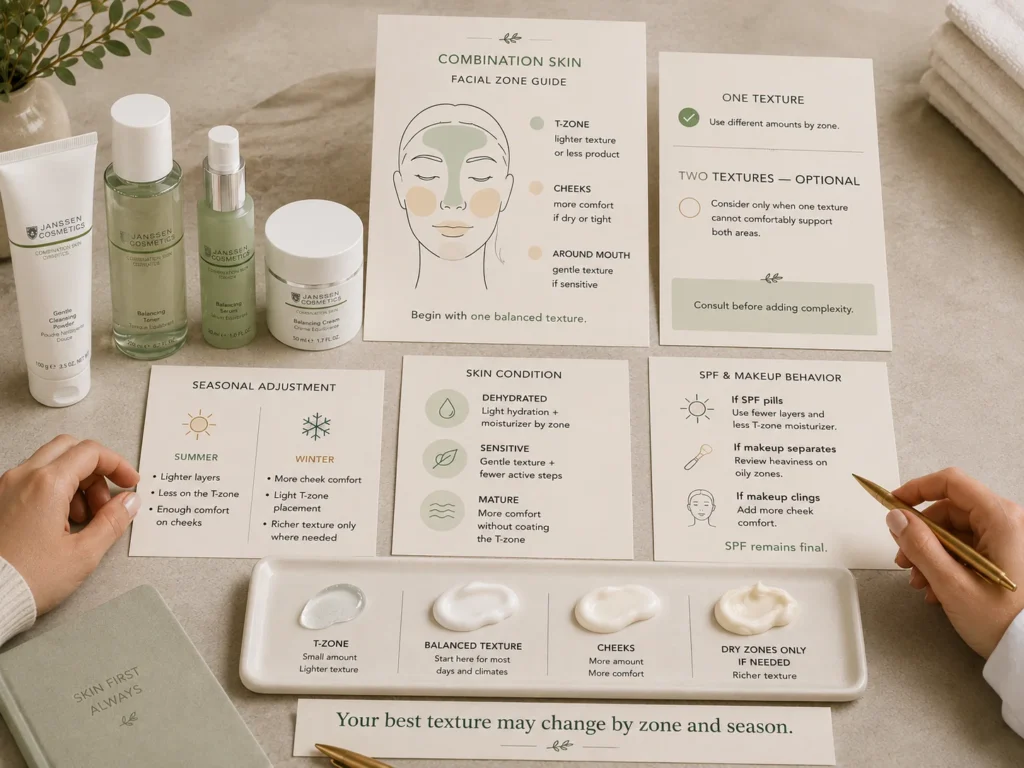 Combination-skin texture guide showing lighter T-zone placement, more cheek comfort, and moisturizer adjustments for season, sensitivity, SPF, and makeup.