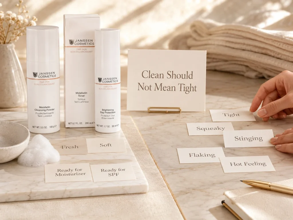 Luxury skincare education image showing clean and comfortable cleansing versus harsh stripping for uneven-looking tone.