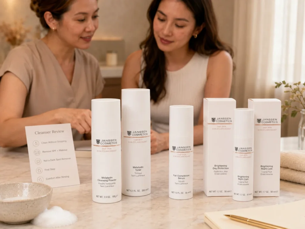 Esthetician-guided consultation showing cleanser selection for uneven-looking tone with verified Janssen Cosmetics FAIR SKIN products.