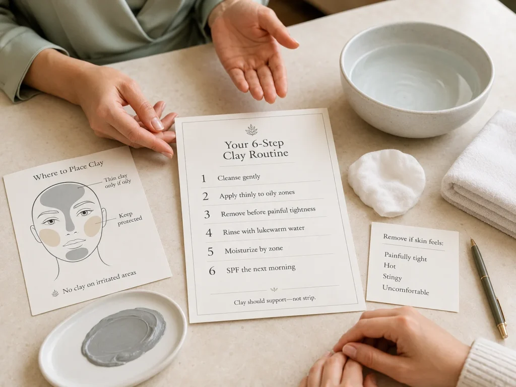Six-step combination-skin clay-mask routine showing targeted application, gentle removal, moisturizer by zone, and next-morning SPF.