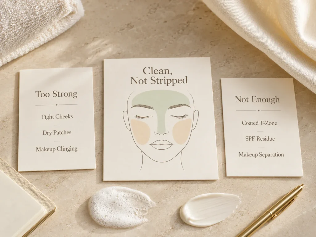 Luxury educational image explaining how cleanser choice affects oily T-zone and dry cheeks in combination skin.