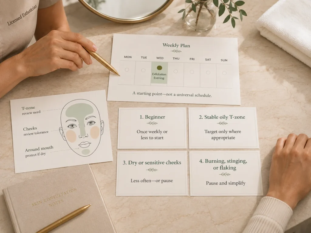 Weekly exfoliation guide showing cautious frequency options for beginner, oily T-zone, dry or sensitive, and over-exfoliated combination skin.
