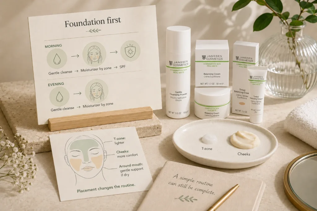 Beginner combination-skin layering guide showing a simple cleanser, moisturizer-by-zone, and SPF foundation before optional targeted products.