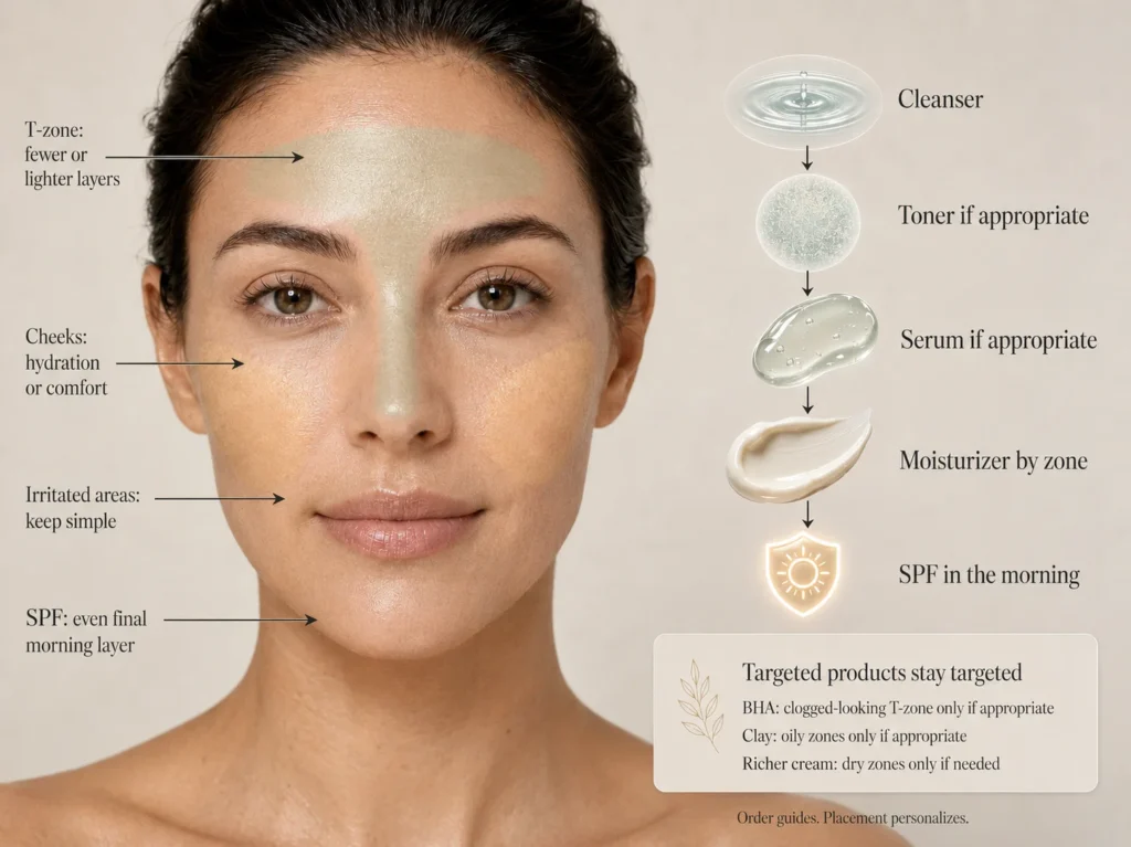 Combination-skin layering order showing cleanser, optional toner and serum, moisturizer by zone, and SPF with lighter T-zone placement and more cheek comfort.