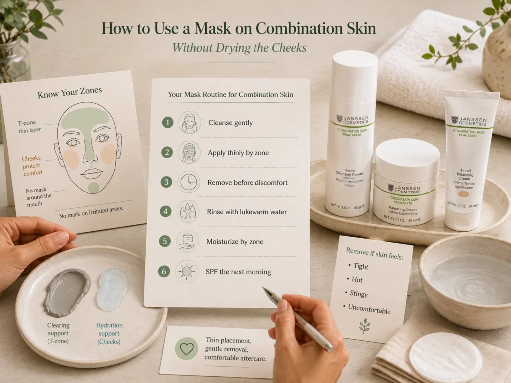 Six-step combination-skin mask routine showing gentle cleansing, zone application, careful removal, moisturizer, and next-morning SPF.