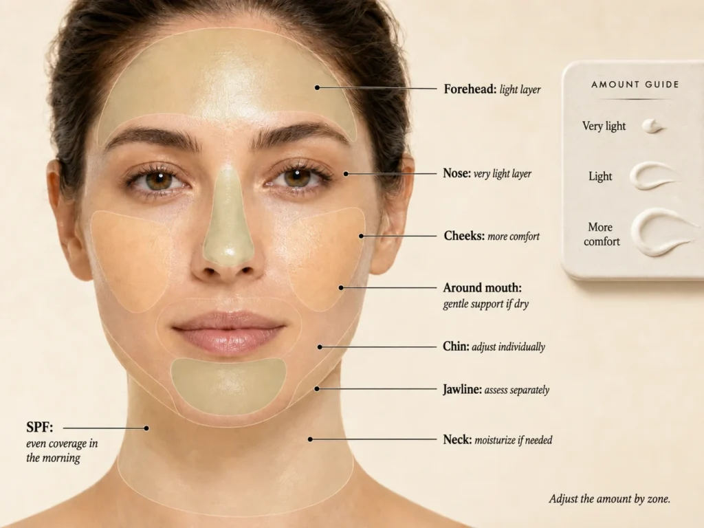 Combination-skin moisturizer map showing a very light layer on the nose, light T-zone placement, more comfort on the cheeks, and even morning SPF.