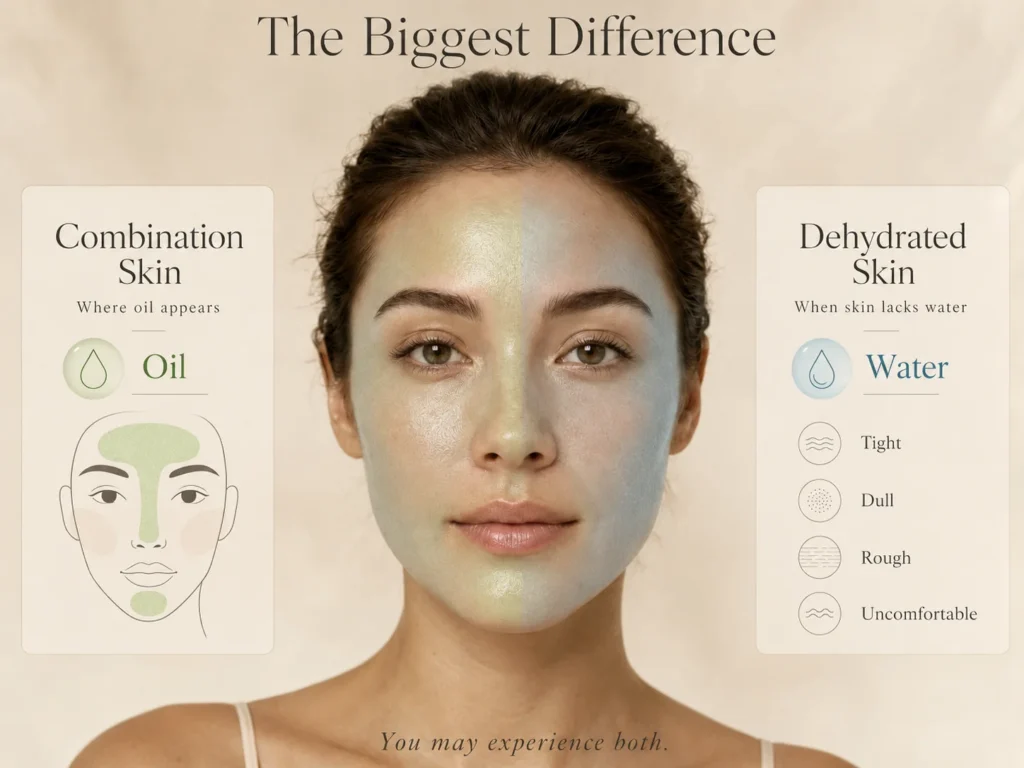 Educational portrait explaining that combination skin describes oil distribution while dehydrated skin describes lack of water.