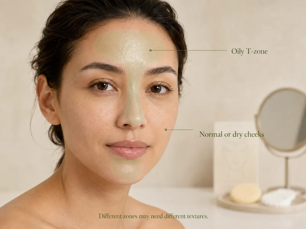 Adult woman showing a subtly oily T-zone and normal-to-dry cheeks as the cosmetic pattern of combination skin.
