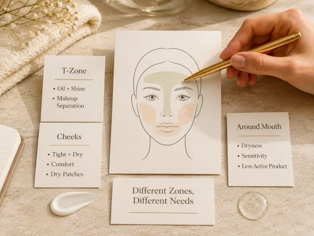 Luxury educational image showing different combination skin zones including oily T-zone, dry cheeks, and around-mouth comfort needs.