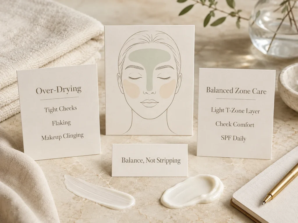 Luxury educational image showing over-drying versus balanced zone care for combination skin.