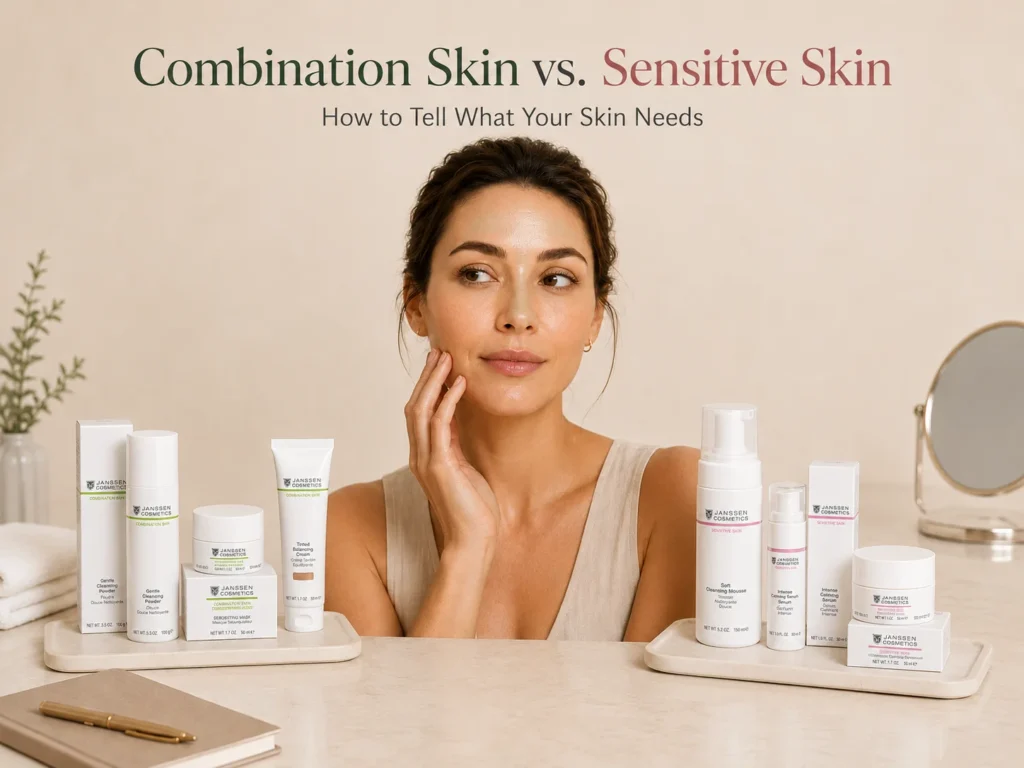 Adult woman with a subtly oilier T-zone and calmer cheeks illustrating the difference between combination and sensitive skin.