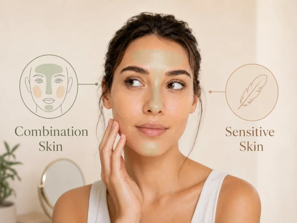 Educational portrait explaining that combination skin describes facial zones while sensitive skin describes reactions.