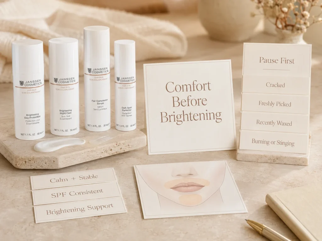 Luxury skincare education image showing comfort before brightening support for uneven-looking tone around the mouth.