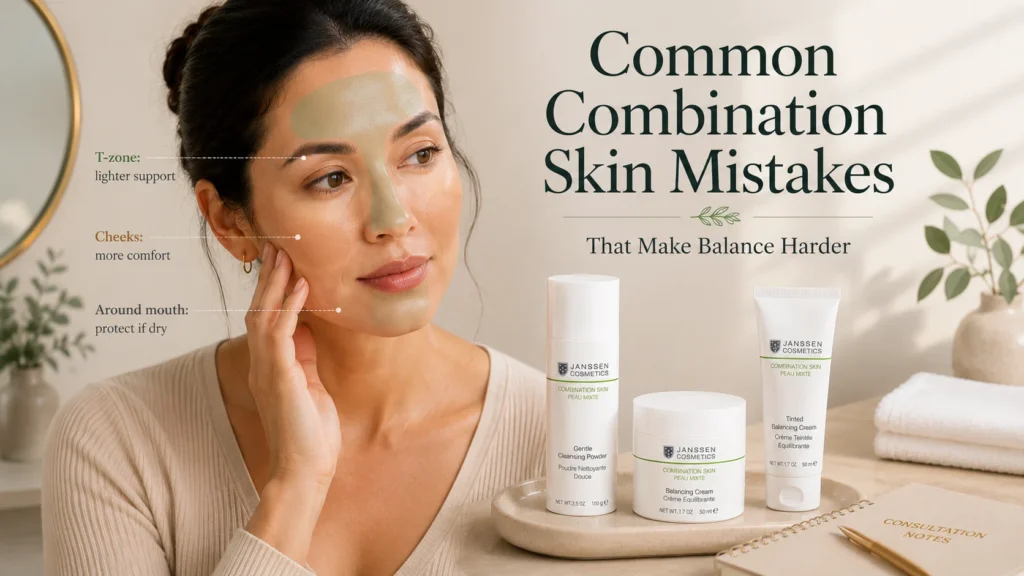 Adult woman with a subtly oily T-zone and drier cheeks illustrating common combination-skin routine mistakes.