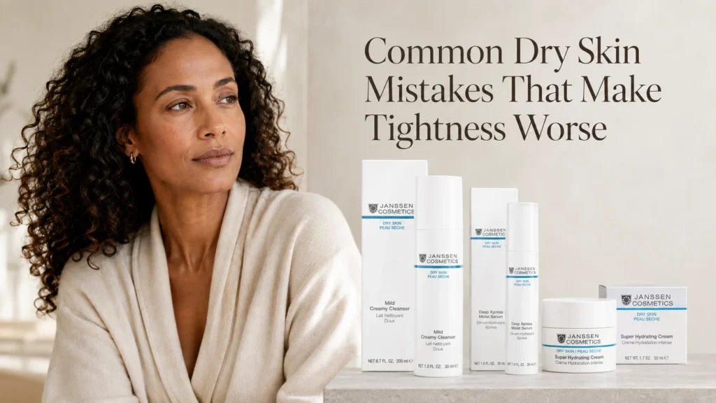 Woman with tight, dry-looking skin beside Janssen Mild Creamy Cleanser, Deep Xpress Moist Serum, and Super Hydrating Cream.