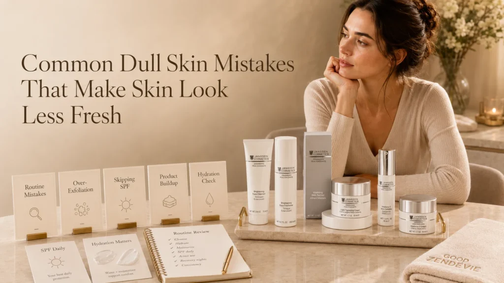 Product-free luxury skincare image showing common dull skin routine mistakes with hydration, SPF, and product buildup review cards.