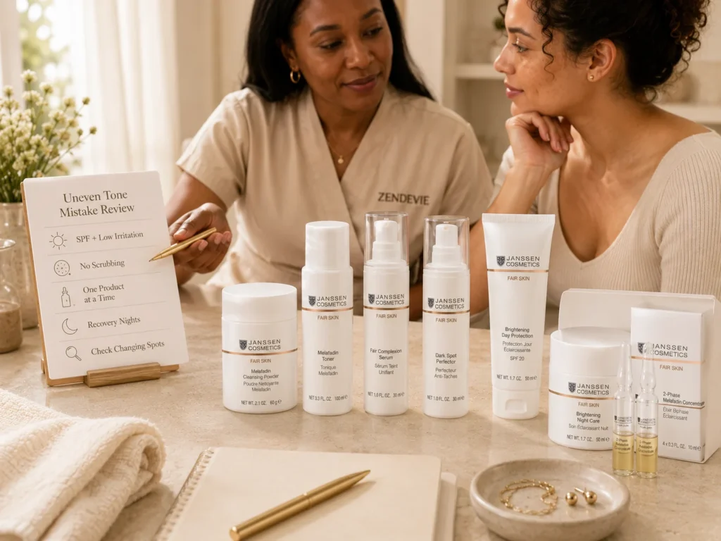 Esthetician-guided consultation showing common uneven-tone routine mistakes corrected with verified Janssen Cosmetics FAIR SKIN products.