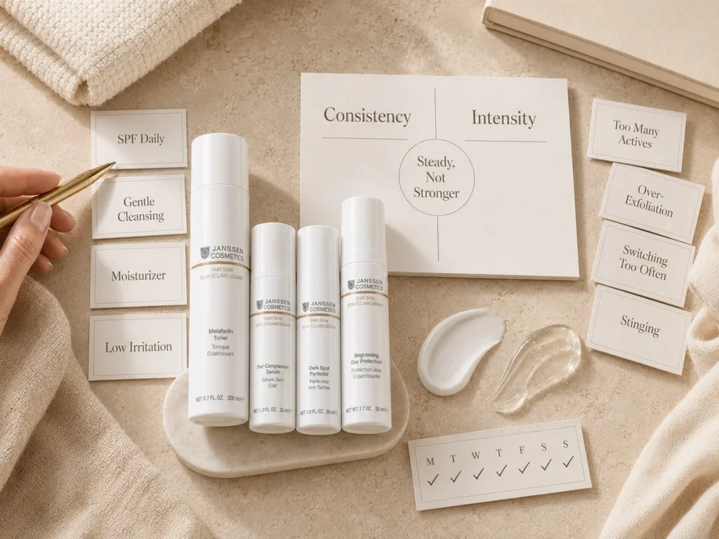 Luxury educational image explaining that brightening-support routines need consistency, SPF, moisturizer, and low irritation rather than intensity.