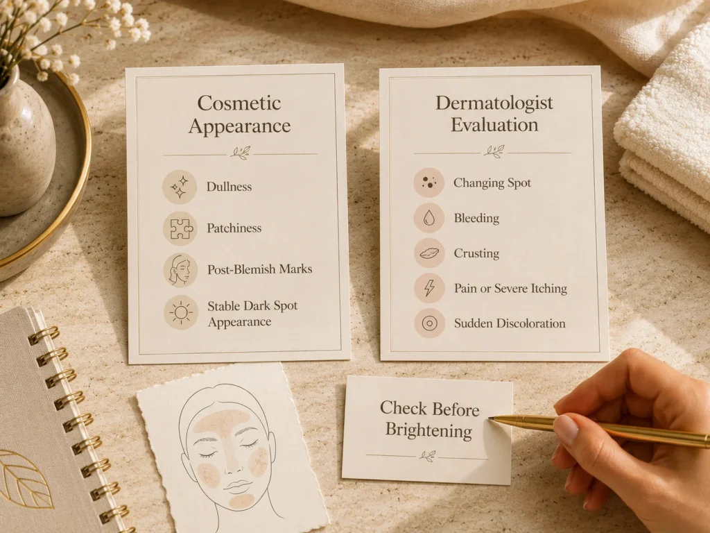 Luxury educational image comparing cosmetic uneven tone concerns with dermatologist evaluation warning signs.