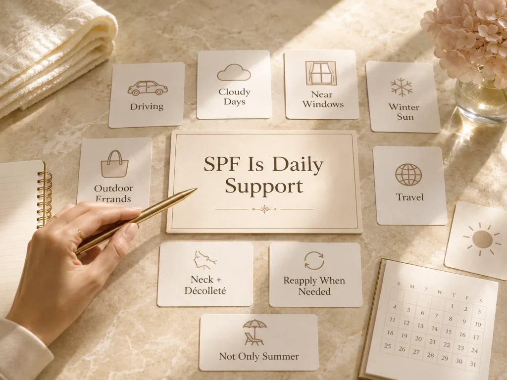 Luxury educational image showing SPF as a daily habit for uneven-looking tone during driving, cloudy days, windows, travel, and outdoor exposure.