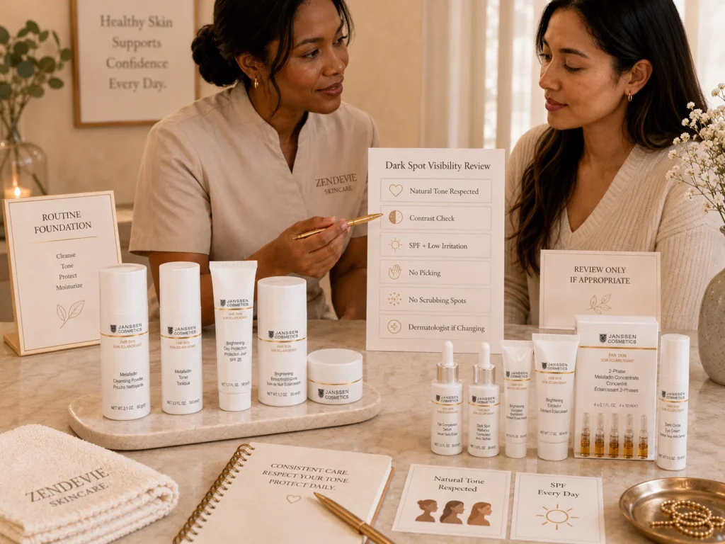 Esthetician-guided consultation reviewing why dark spots look more noticeable on some skin tones with a respectful, SPF-focused routine approach.