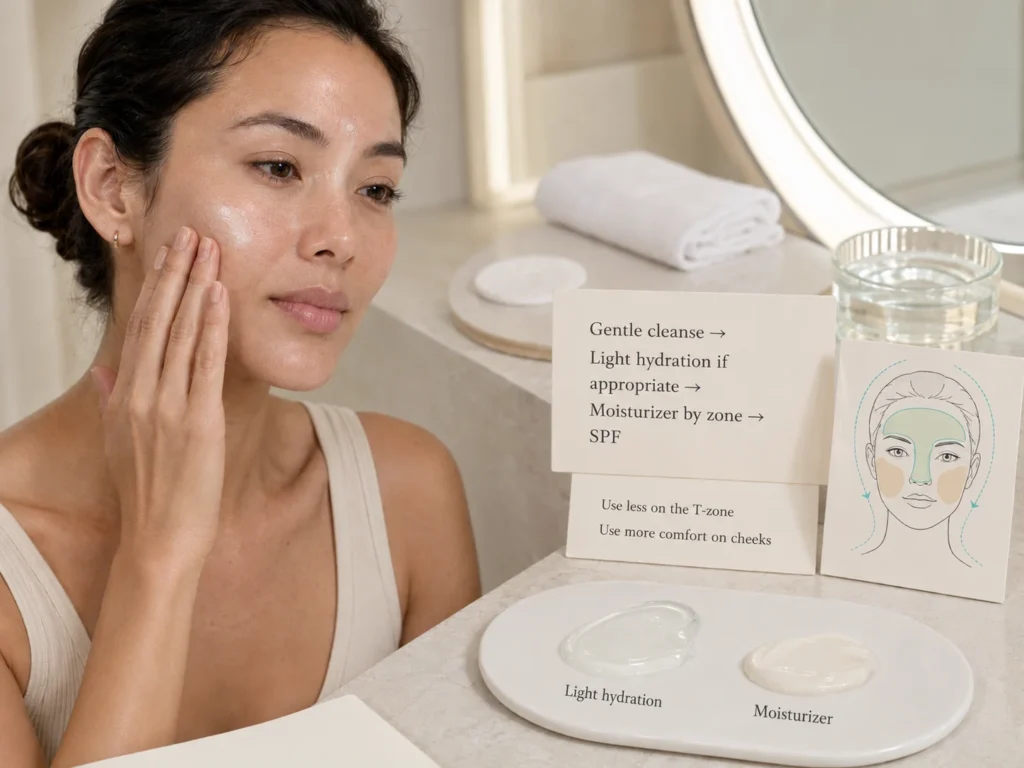 Woman applying lightweight hydration and moisturizer by zone to support dehydrated combination skin without overloading the T-zone.