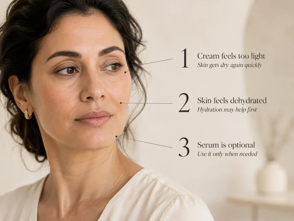 Close-up model with callouts explaining when dry skin may benefit from hydration before moisturizer and when serum may be unnecessary.