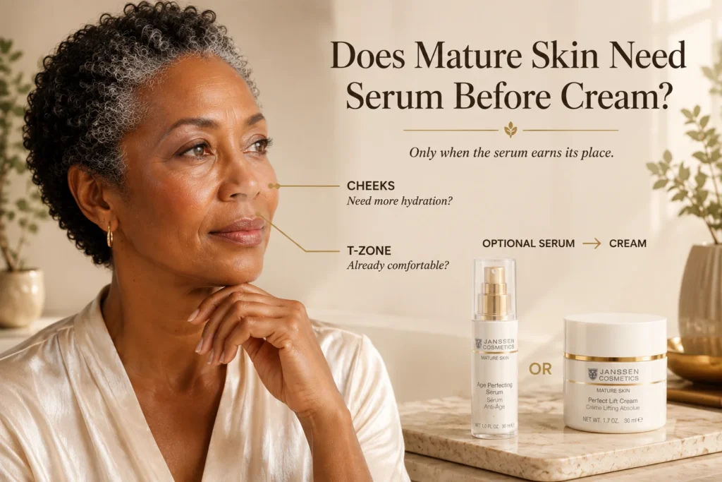 Mature woman beside Janssen Age Perfecting Serum and Perfect Lift Cream when exact official references are available, illustrating optional serum before cream.
