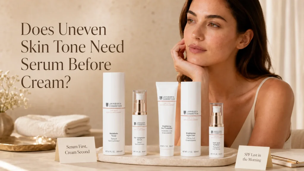 Luxury skincare image showing serum before cream for uneven-looking tone with verified Janssen Cosmetics FAIR SKIN products.