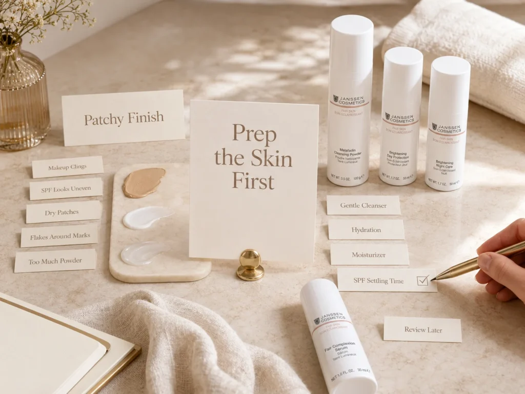 Luxury skincare education image showing how dryness can make makeup and SPF look patchy on uneven-looking skin