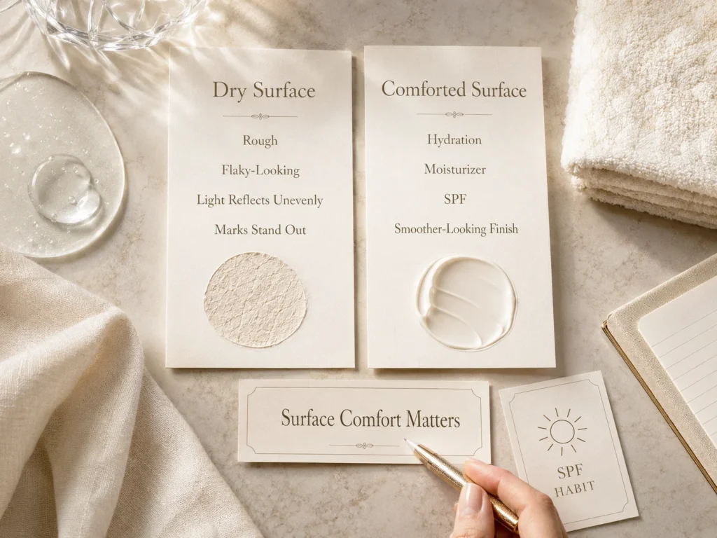 Luxury educational image explaining how dry surface texture can make uneven-looking tone and marks appear more noticeable.