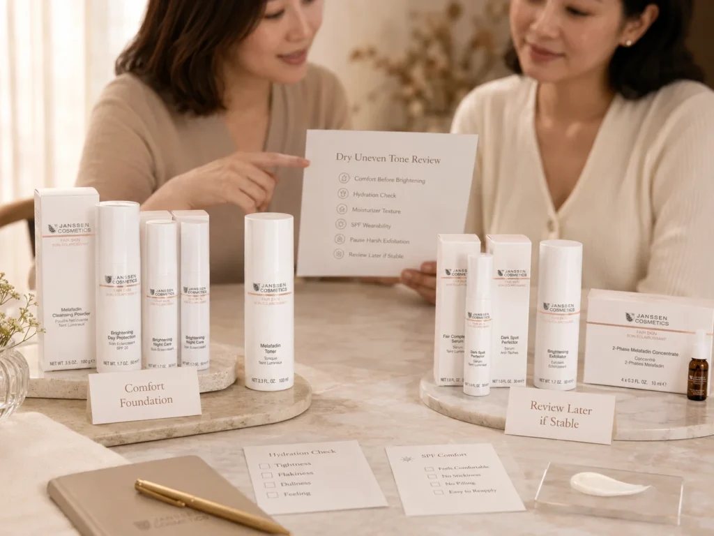 Esthetician-guided consultation reviewing dry uneven-looking skin with a comfort-first approach and verified Janssen Cosmetics FAIR SKIN products.